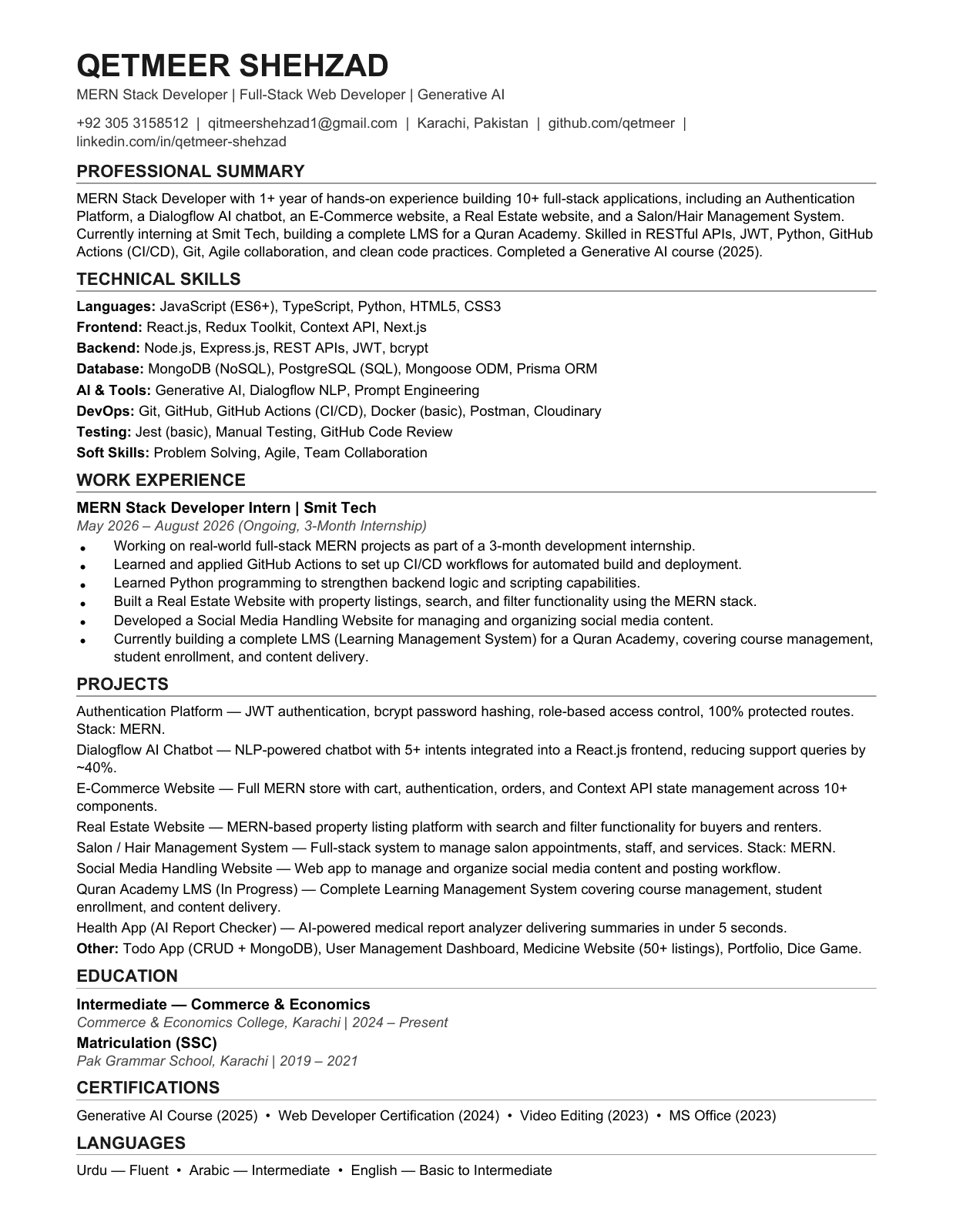 Preview of Qetmeer Shehzad's CV with professional summary, skills, experience, projects, education, and certifications
